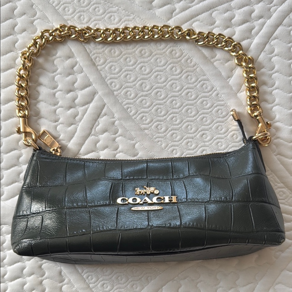 Coach Green Croc-Embossed Leather Bag with Gold Chain